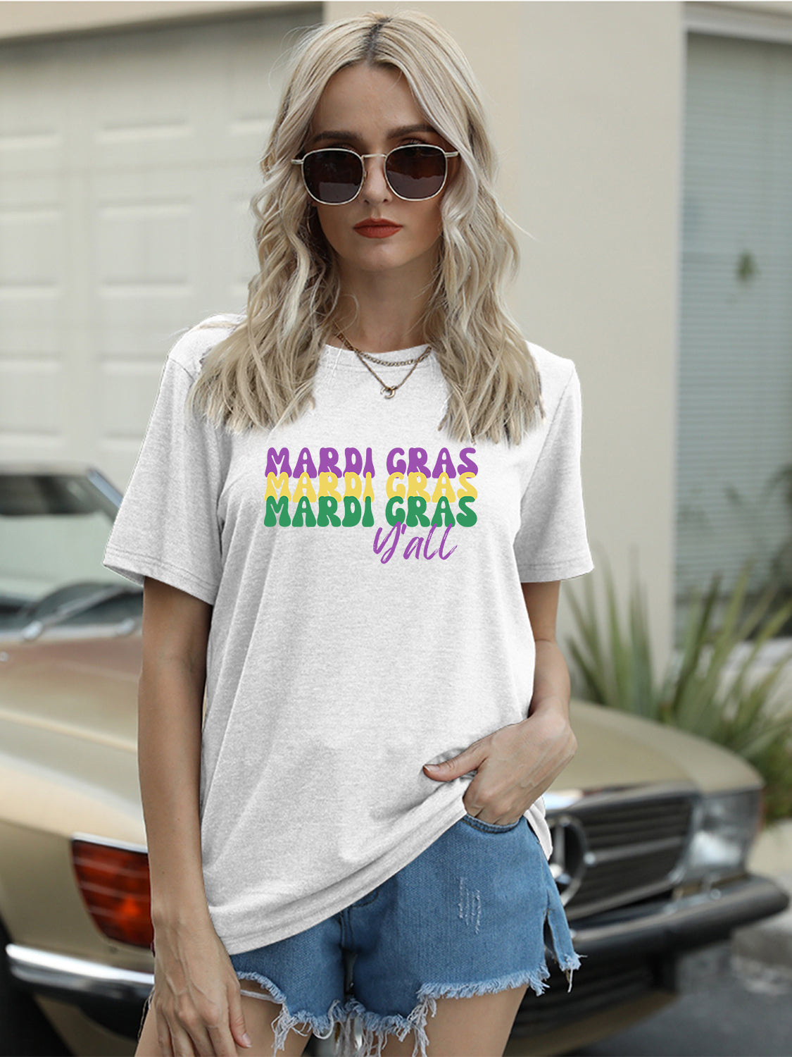 Full Size MARDI GRAS Y'ALL Round Neck T-Shirt