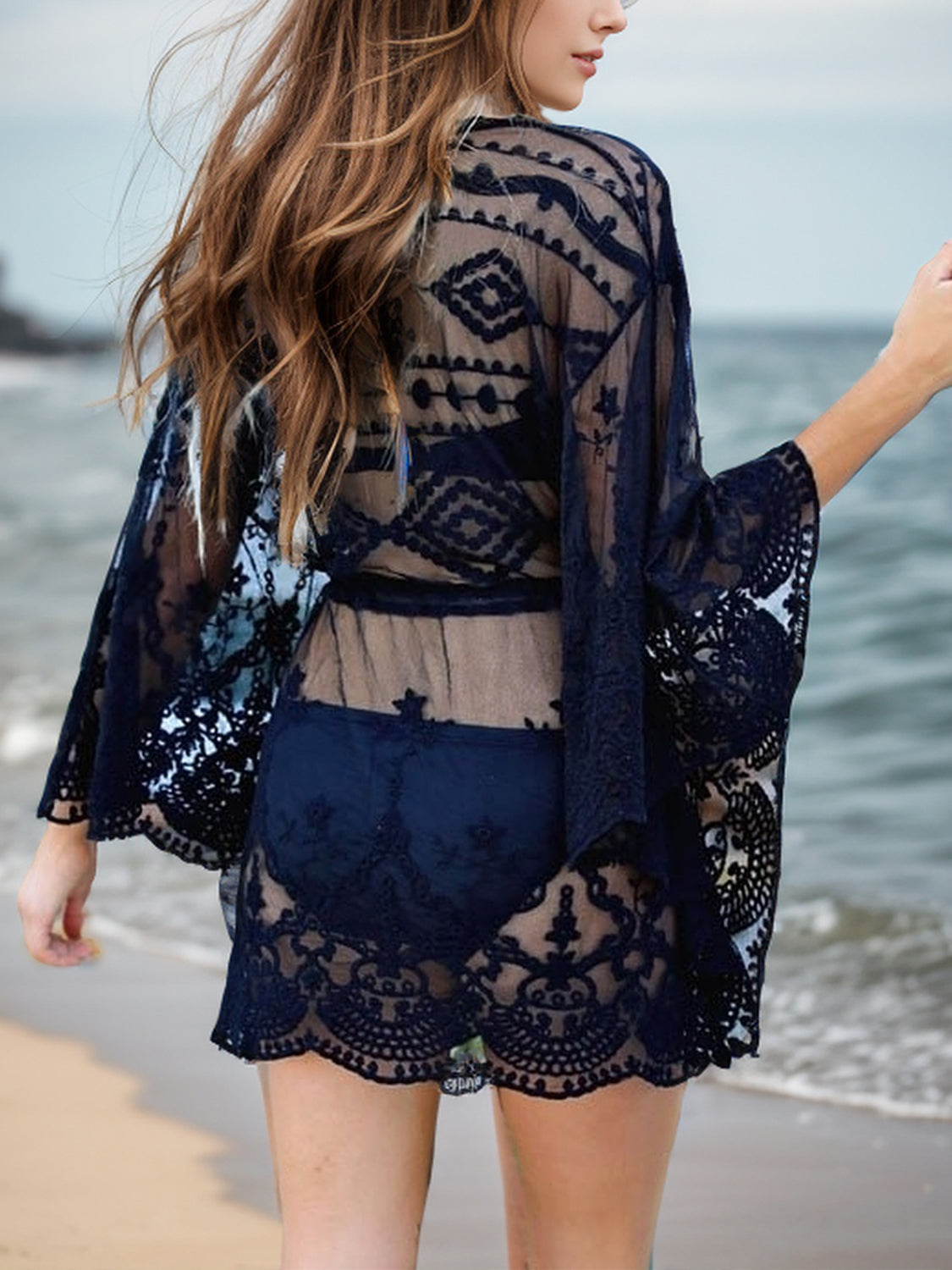 Lace V-Neck Three-Quarter Sleeve Cover Up