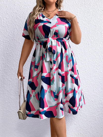 Plus Size Multicolored V-Neck Tie Waist Dress