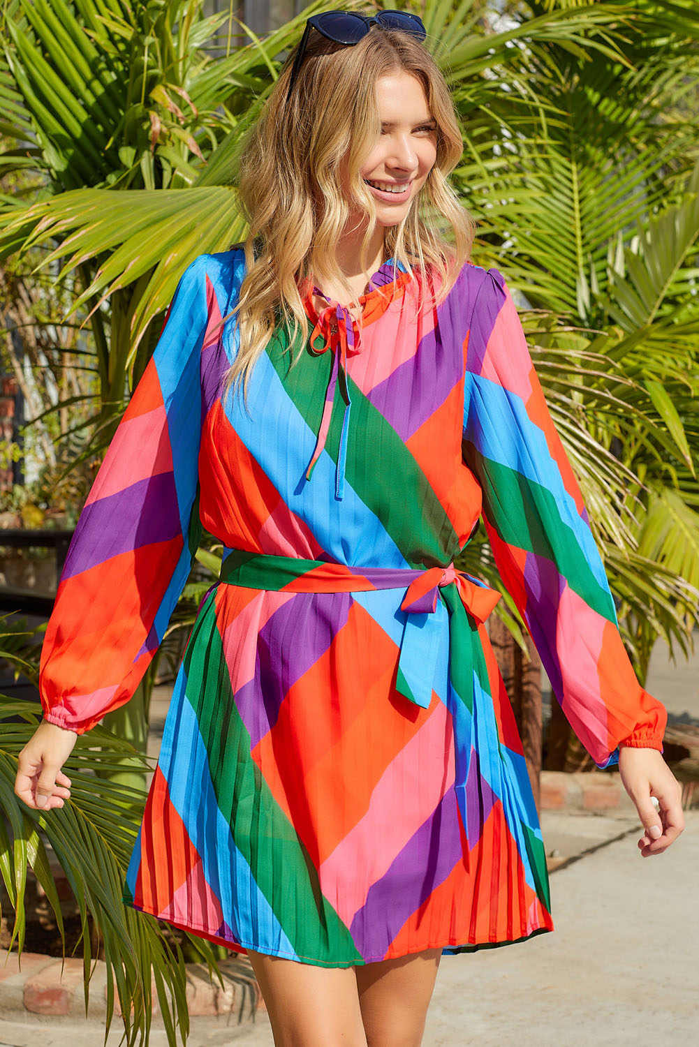 Multicolored Tie-Waist Pleated Balloon Sleeve Dress