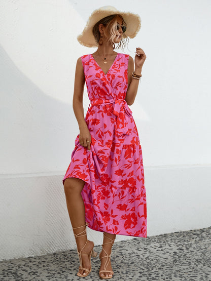 Tied Printed Surplice Tiered Dress