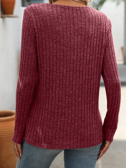 Ribbed V-Neck Long Sleeve T-Shirt