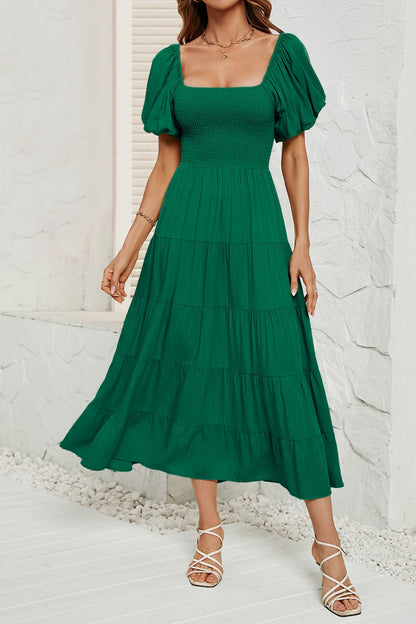 Smocked Square Neck Puff Sleeve Dress