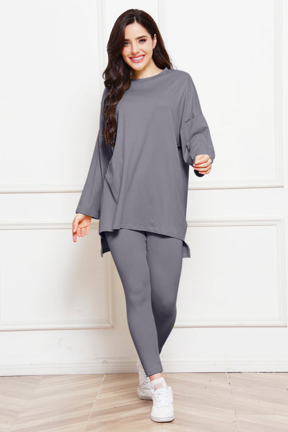 Round Neck High-Low Top and Leggings Set