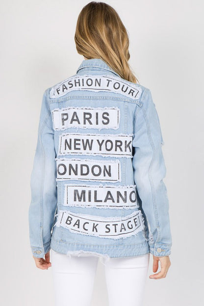 American Bazi Letter Patched Distressed Denim Jacket