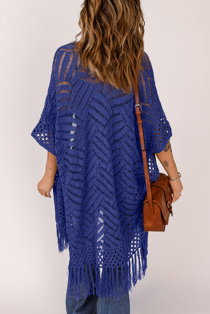 Openwork Open Front Cardigan with Fringes