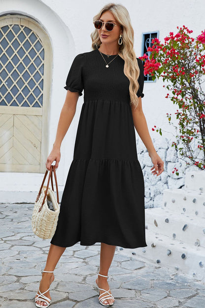 Smocked Round Neck Flounce Sleeve Midi Dress