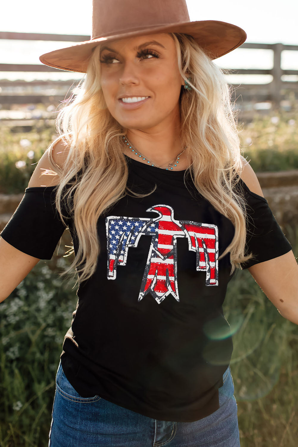 US Flag Bird Graphic Cold-Shoulder Tee