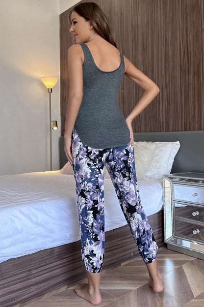 Scoop Neck Tank and Floral Cropped Pants Lounge Set