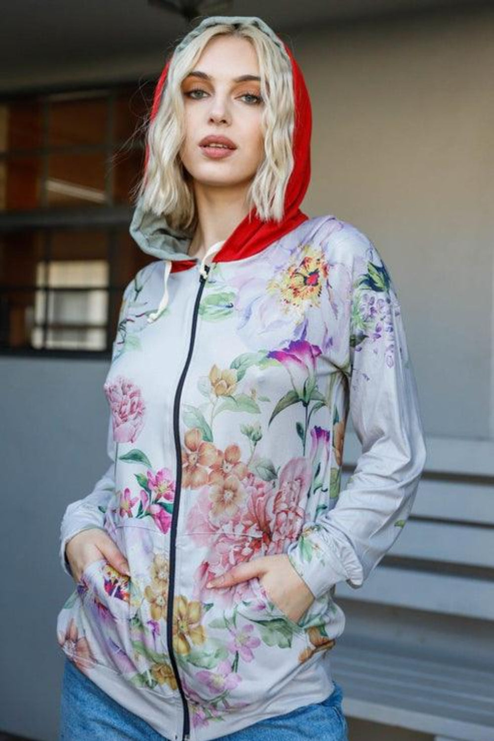 Tasha Apparel Full Size Floral Zip Up Hoodie