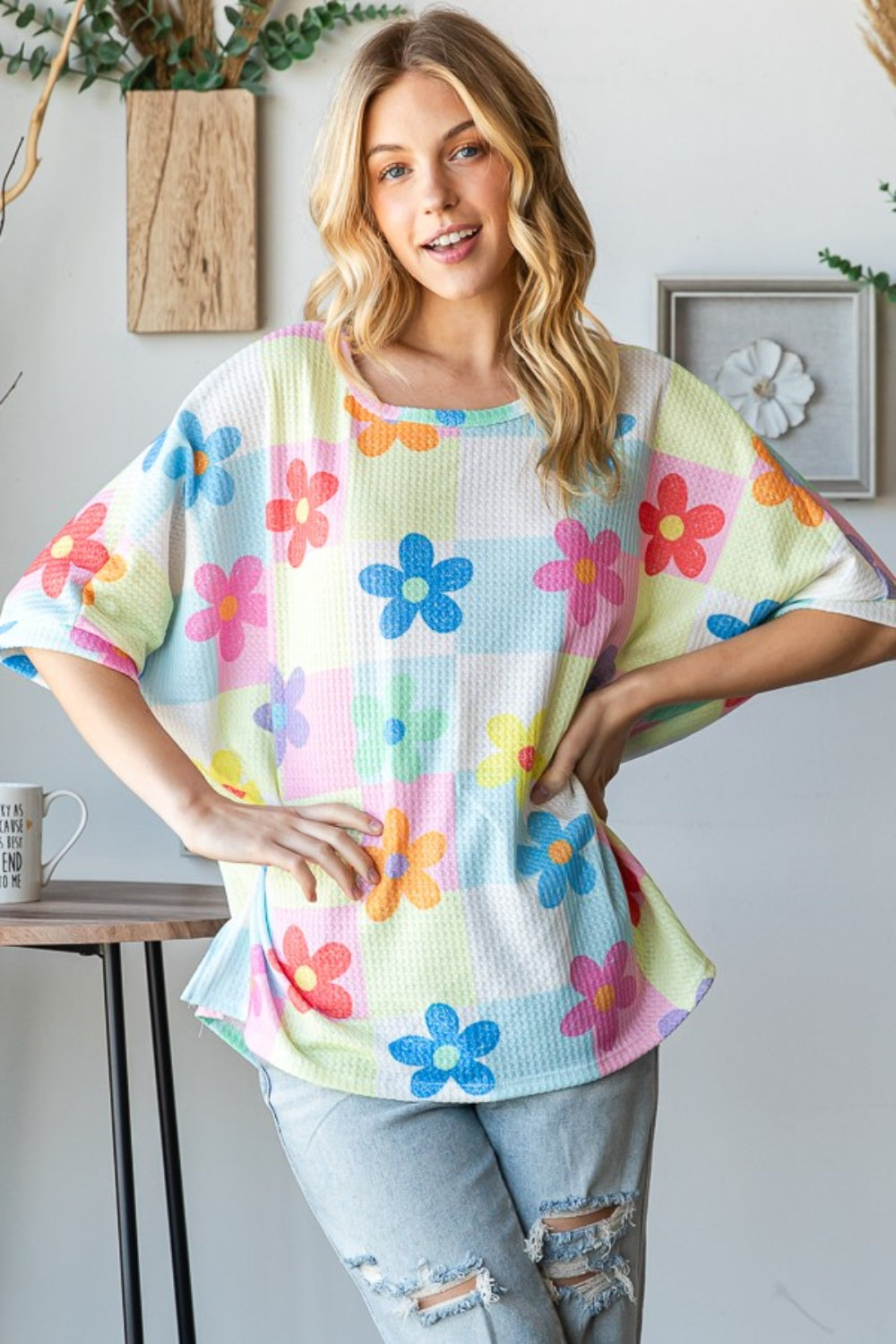 HOPELY Floral Round Neck Waffle T-Shirt