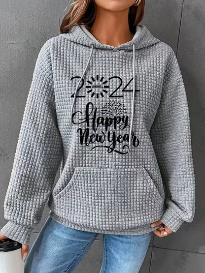 Full Size 2024 HAPPY NEW YEAR Waffle-Knit Hoodie