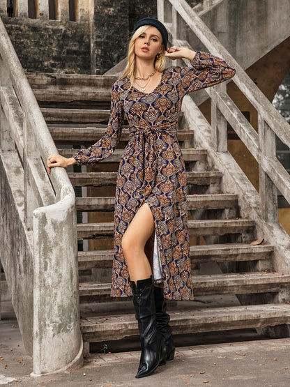 Printed Tie Front V-Neck Slit Dress