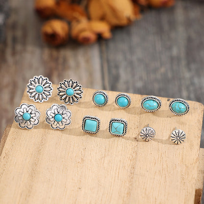 6 PCS/Set Artificial Turquoise Alloy Stud Earrings