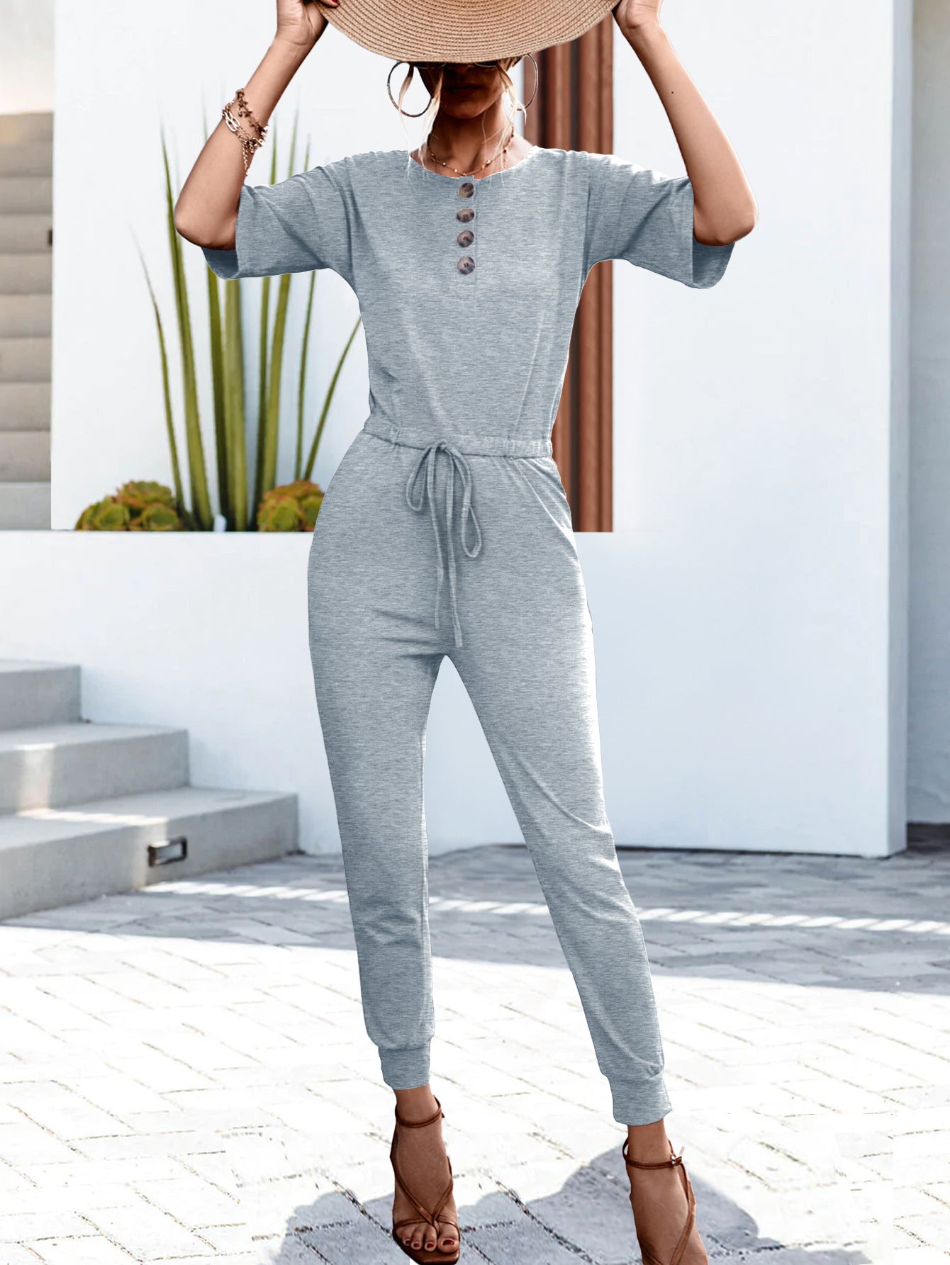 Buttoned Half Sleeve Round Neck Jumpsuit