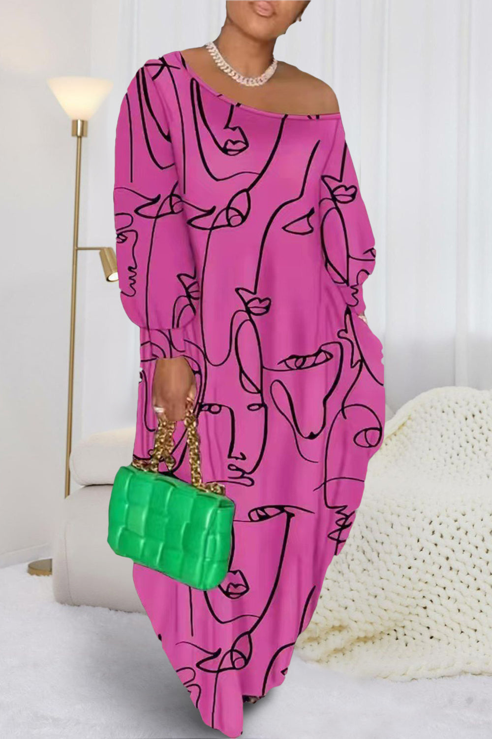 Printed Single Shoulder Lantern Sleeve Maxi Dress