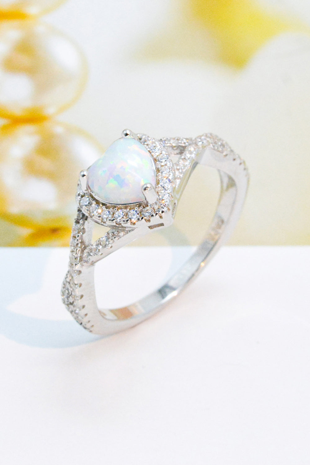 925 Sterling Silver Heart Opal Crisscross Ring