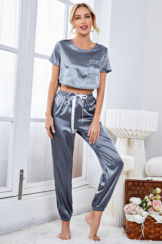 Satin Short Sleeve Crop Top and Joggers Lounge Set