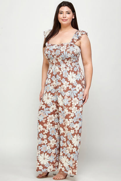 Floral Print Smocked Jumpsuit